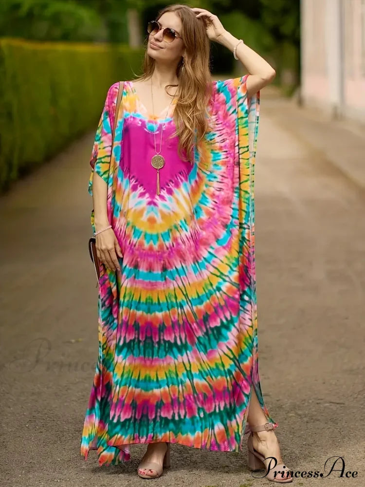 Arm Colorful Bat V Gown For Heart Neck Summer Pink Colorful Print Dress