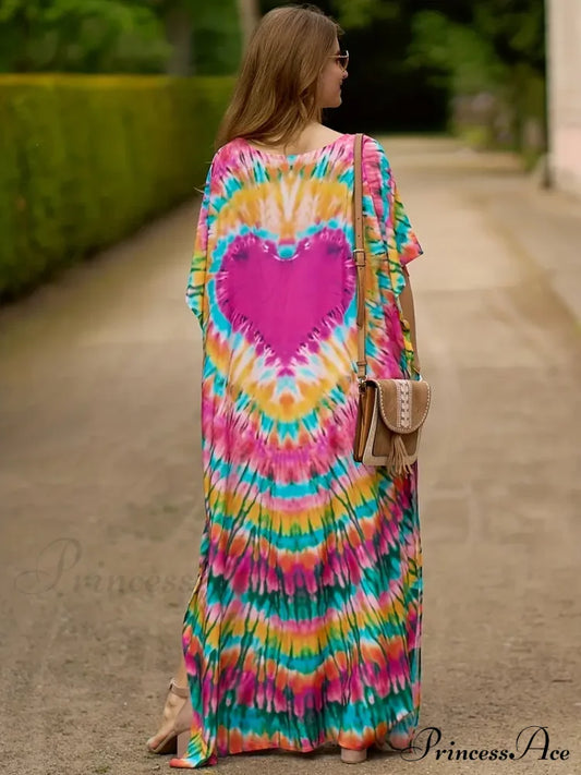 Arm Colorful Bat V Gown For Heart Neck Summer Pink Colorful Print Dress