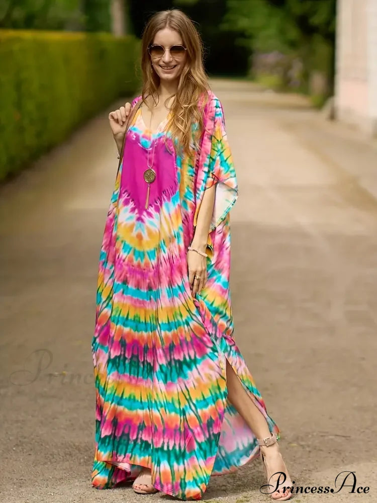 Arm Colorful Bat V Gown For Heart Neck Summer Pink Colorful Print Dress