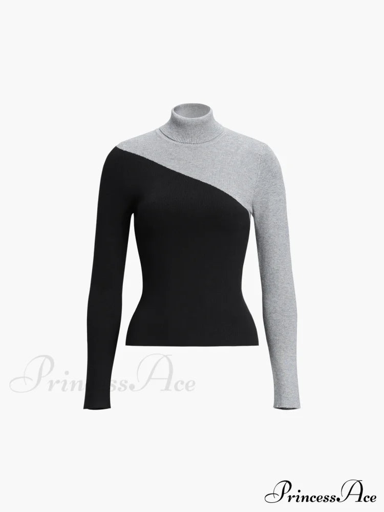 Asymmetric Patchwork Long Sleeve Modern Mock Neck Knit Top Light Grey / Xs Sweaters-L