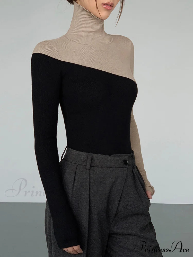 Asymmetric Patchwork Long Sleeve Modern Mock Neck Knit Top Sweaters-L