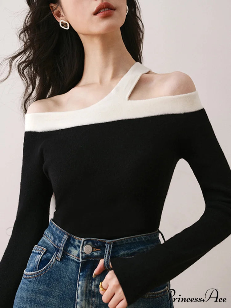 Asymmetric Strap Graceful Off-Shoulder Top Sweaters-L