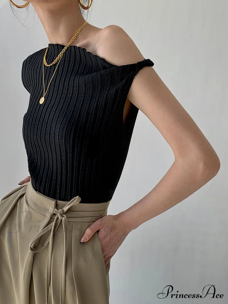 Asymmetrical Neck One Trendy Shoulder Off Knit Top Sweaters-L