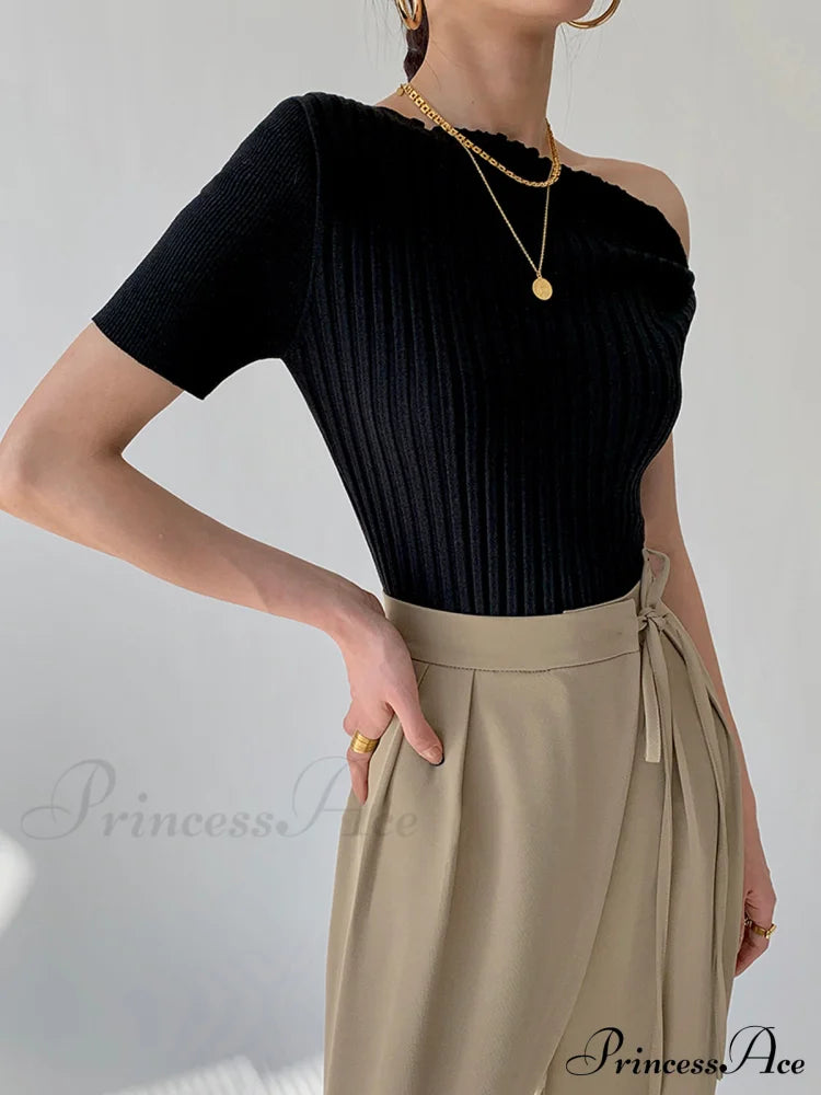Asymmetrical Neck One Trendy Shoulder Off Knit Top Sweaters-L