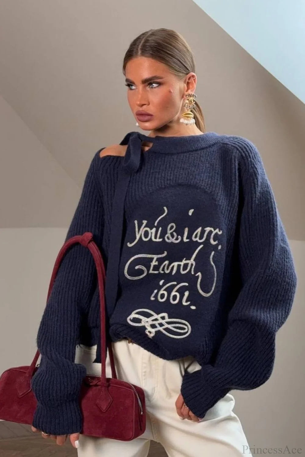 Asymmetrical Shoulder Letter Pattern Solid Sweater Dark blue / S