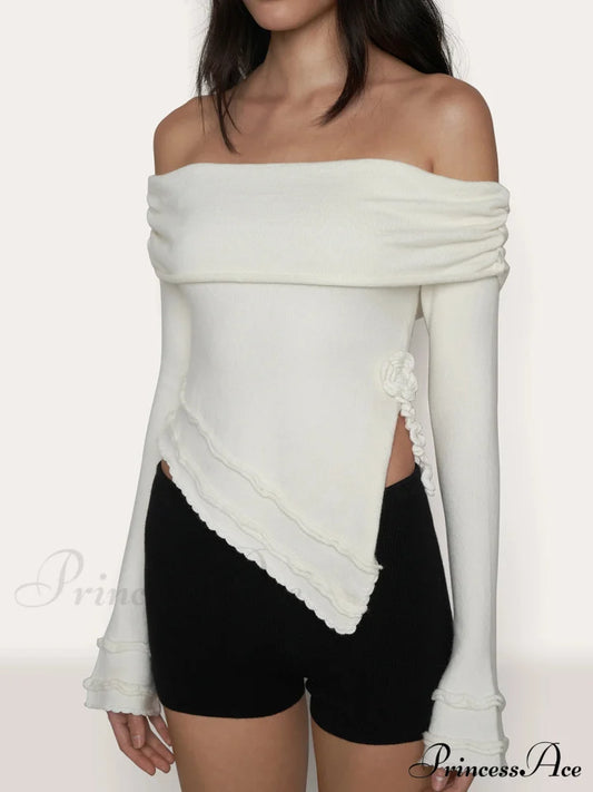 Asymmetrical Split Off Shoulder Modern Floral Cable Knit Top White / Xs Sweaters-L