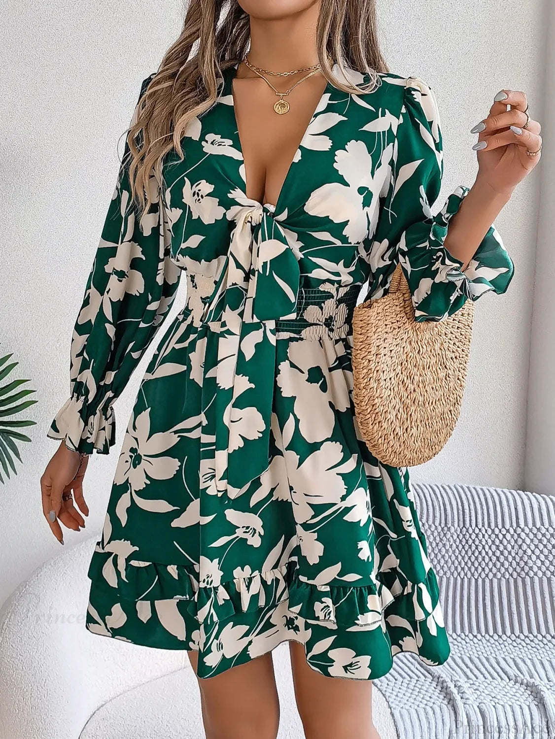 Autumn Flared Sleeve Floral Dress Green / S oldfloraldress-250126