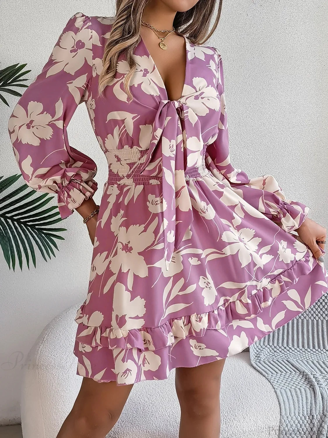Autumn Flared Sleeve Floral Dress Purple / S oldfloraldress-250126