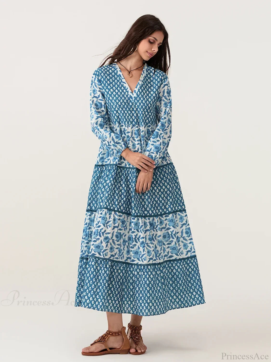Autumn Floral Long Sleeve V-Neck Loose A-Line Floral Dress floraldress-250126