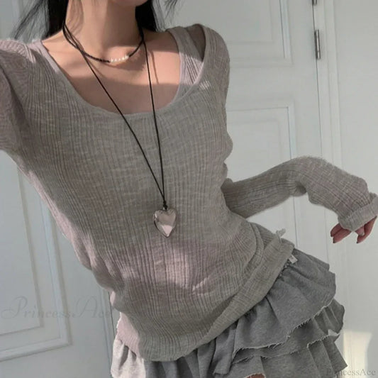 Autumn Simple Casual Vintage Long Sleeve Knit Top GRAY / One Size knittop-250126