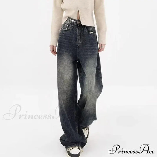 Autumnal American Retro Leopard Print Niche Design Casual Straight Wide-Leg Pants Jean Blue / S