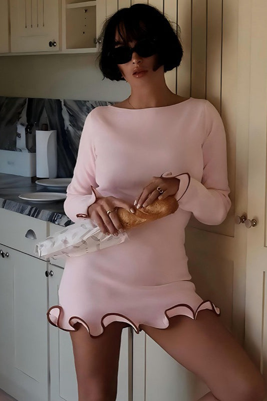 Elegant Round Neck Ruffle Cocktail Dress S / Pink