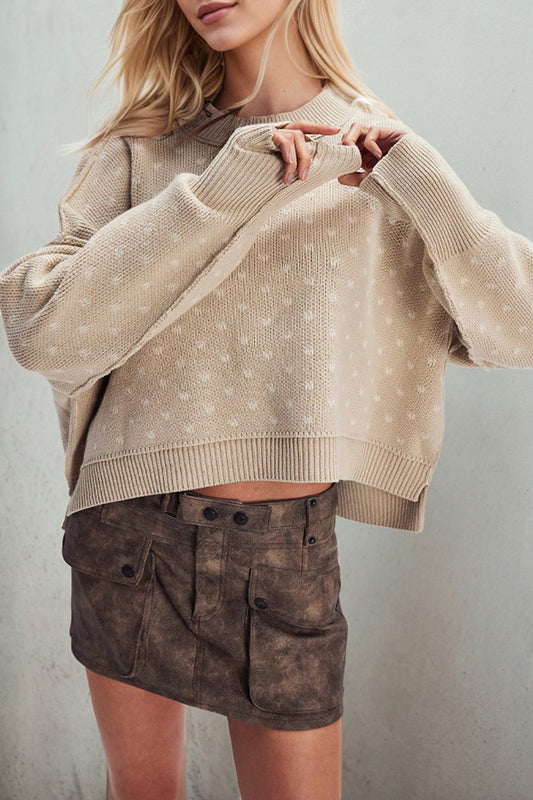 Heart Print Loose Fit Cropped Knit Sweater