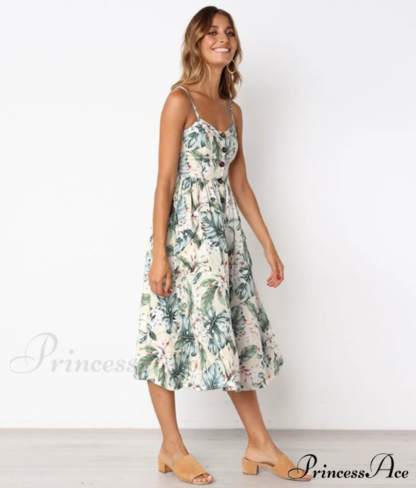 Backless Bohemian Polka Button Sexy Green Striped Dot Gown Women’s - Floral M / Green Dresses