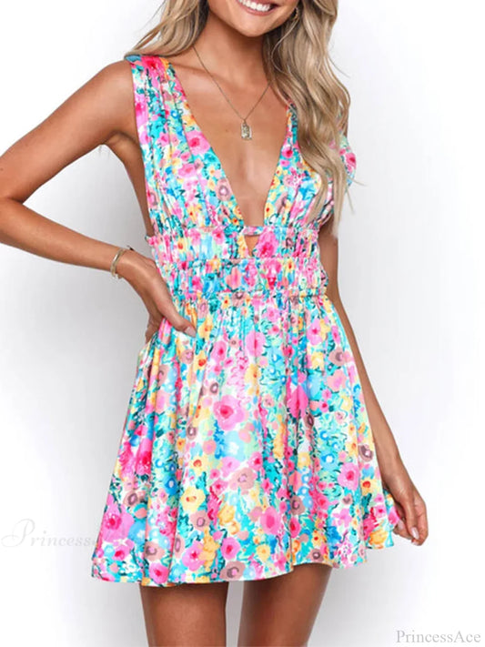 Backless Flower Print Sleeveless Deep V Mini A-Line Floral Dress floraldress-250126
