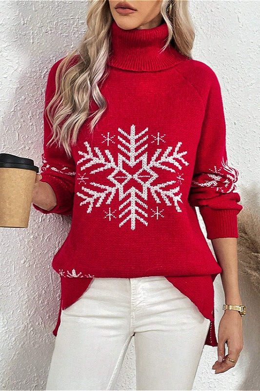 Solid Color Turtleneck Snowflake Print Sweater