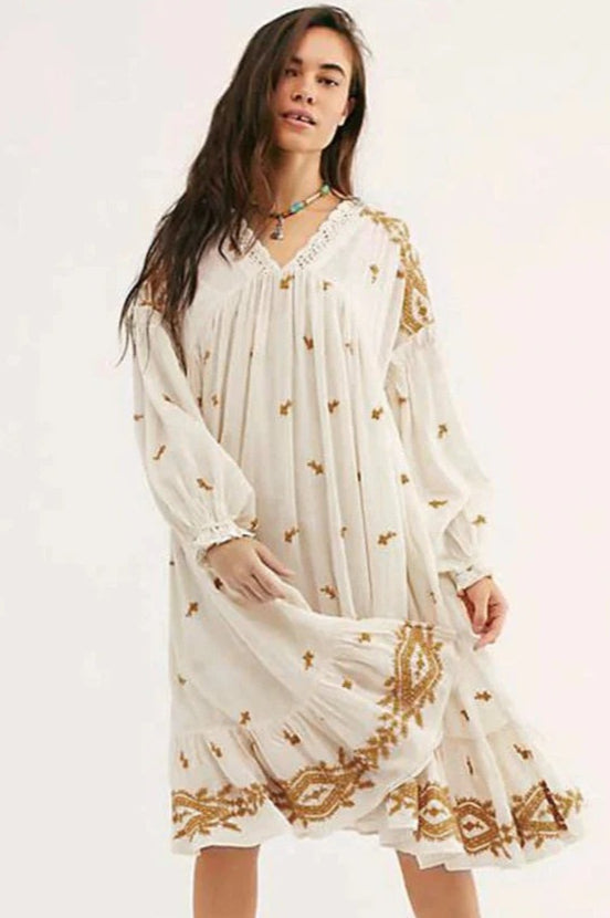 Floral Long Sleeve Midi Boho Dress