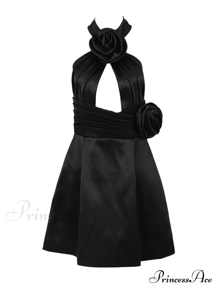 Black 3D Flower Halter Graceful Hollow Out Mini Dress