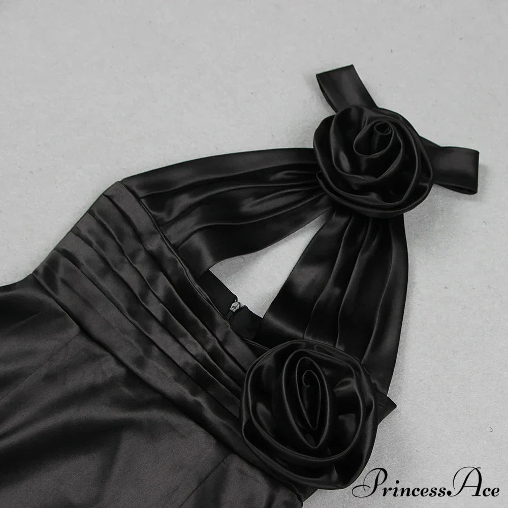 Black 3D Flower Halter Graceful Hollow Out Mini Dress