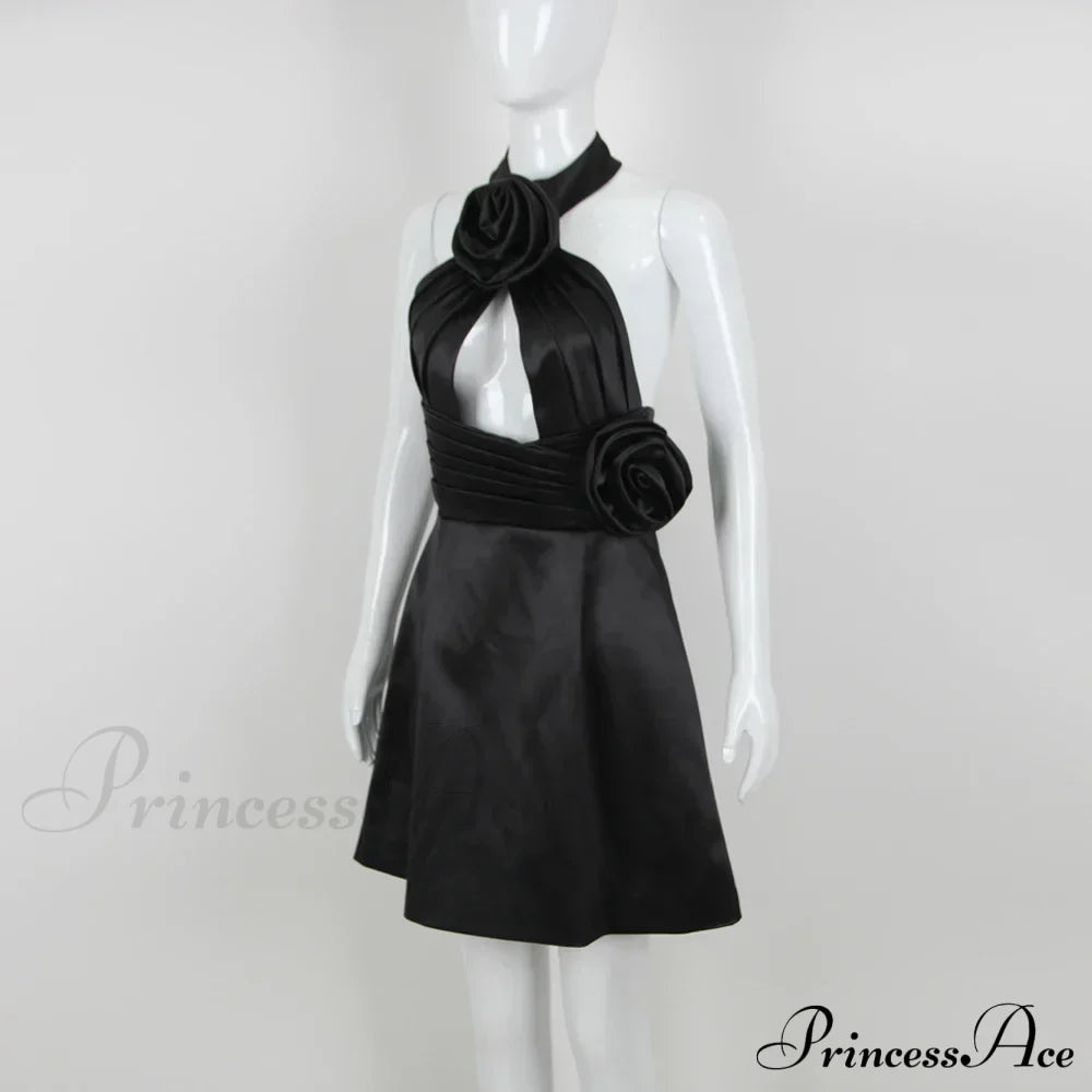 Black 3D Flower Halter Graceful Hollow Out Mini Dress
