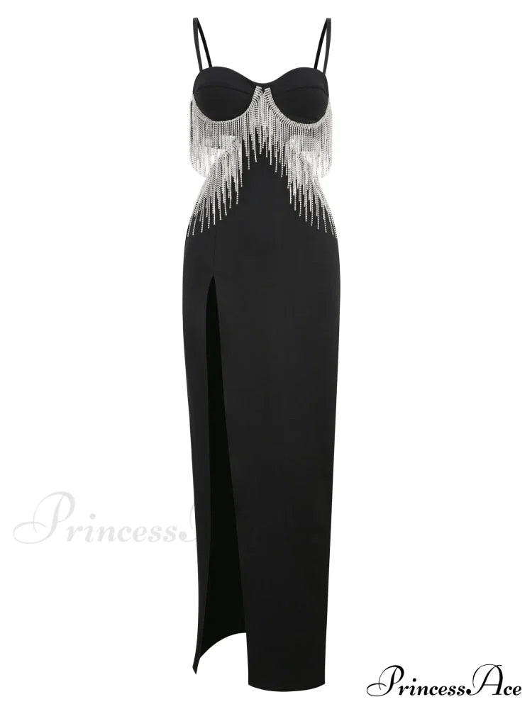 Black Cupped Cut-Out Rhinestone Tassel Maxi Dress Free From Label