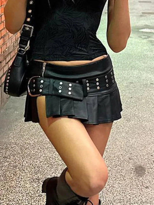 Black Leather Belted Skirt Black / S