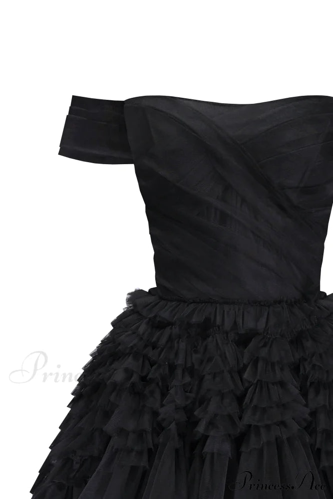 Black Off-The-Shoulder Stylish Frill-Layered Gown L / Dress