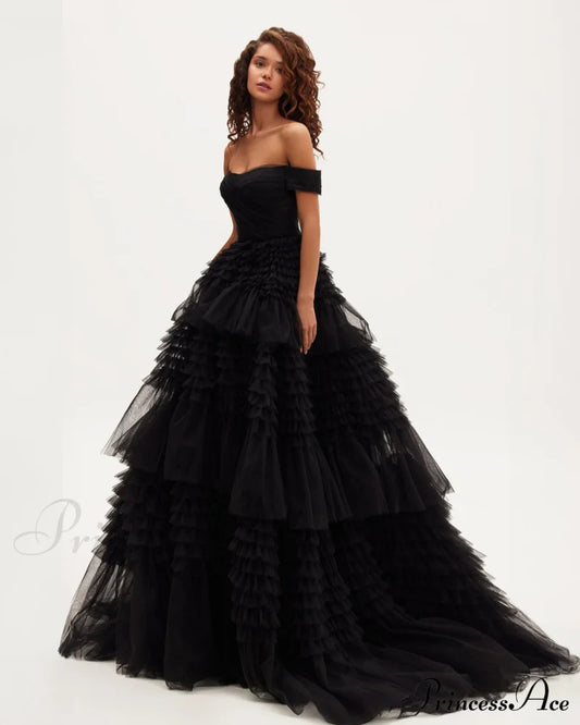 Black Off-The-Shoulder Stylish Frill-Layered Gown Xs / Dress