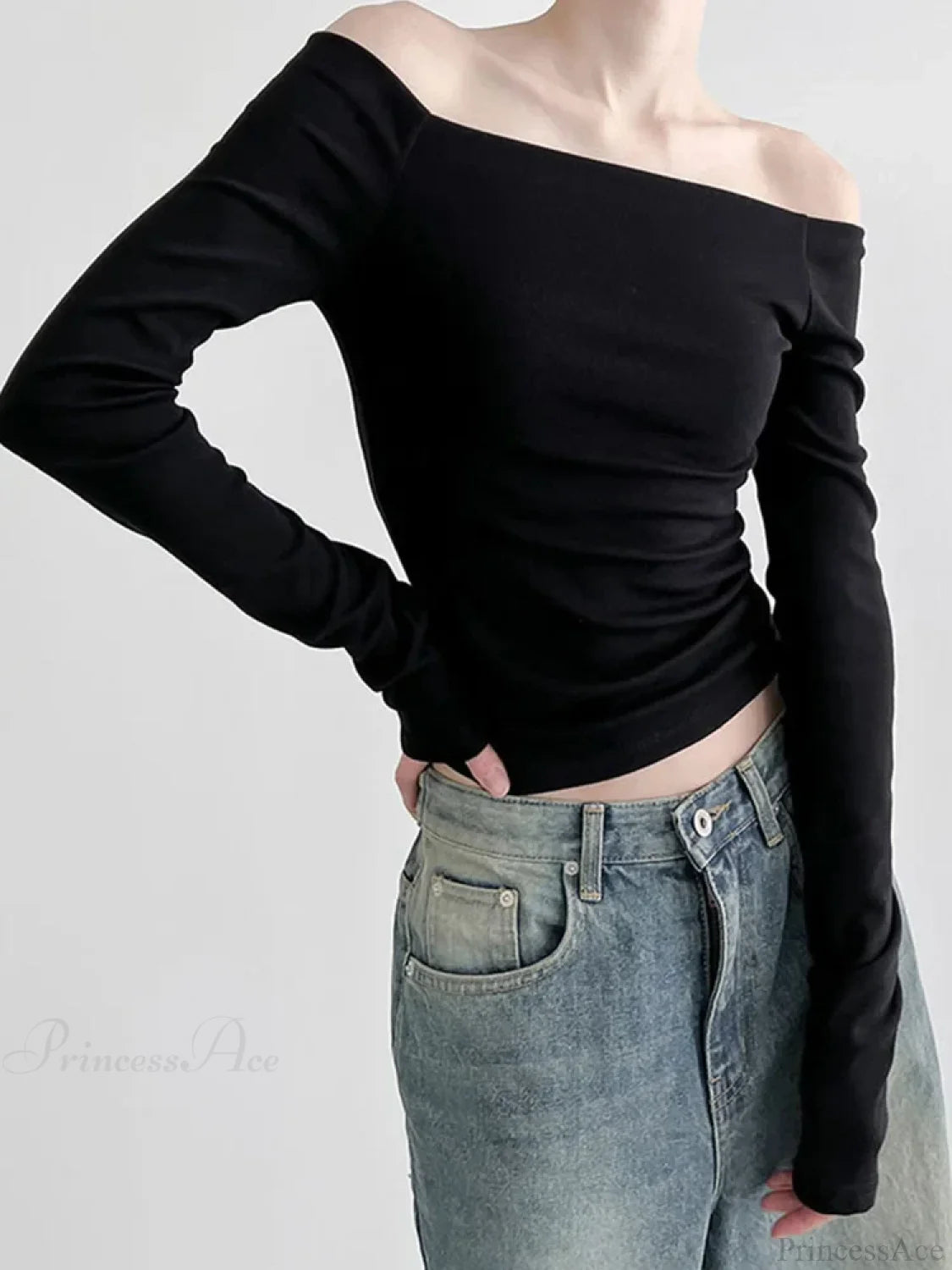 Black Slash Neck Elegant Long Sleeve Slim Knit Top knittop-250126