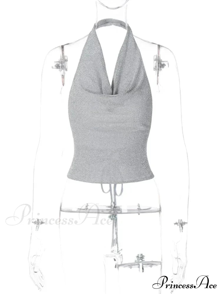 Bling Glitter Sequins Lace Up Backless Halter Vintage Crop Top