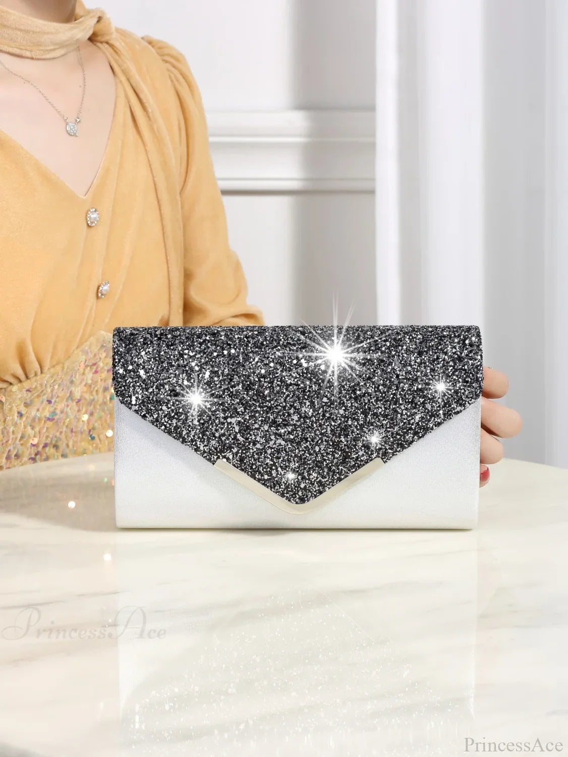 Bling Shiny Elegant Envelope Clutch Party Wedding Bag Silver black clutchbag-250126