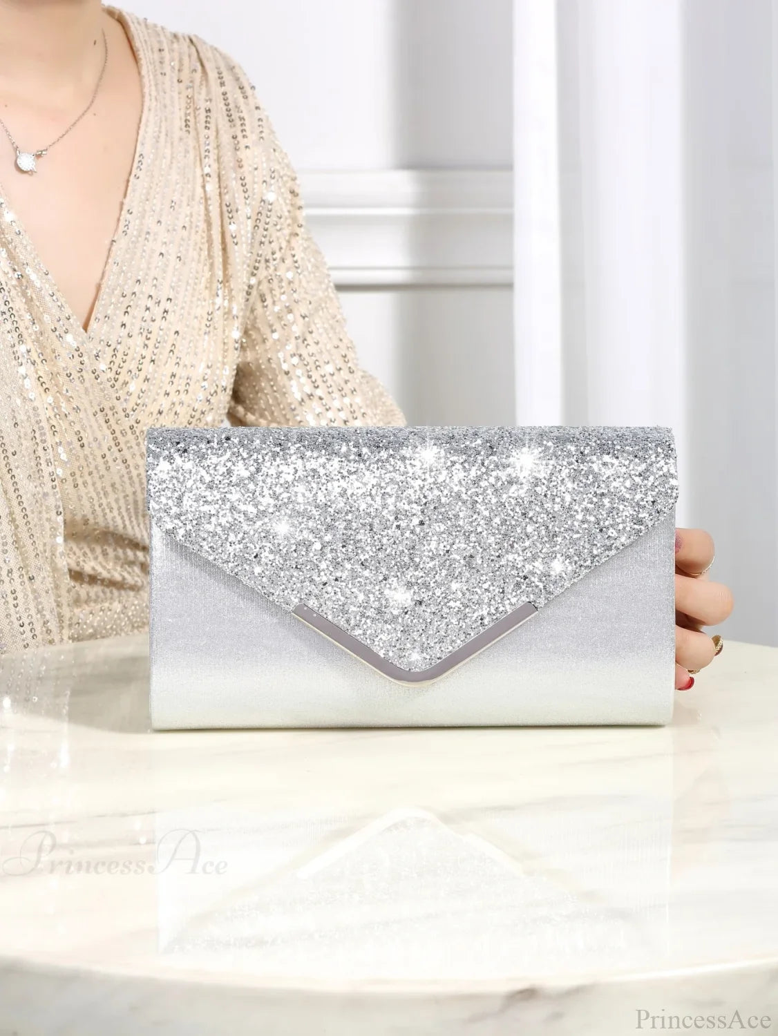 Bling Shiny Elegant Envelope Clutch Party Wedding Bag Silver clutchbag-250126
