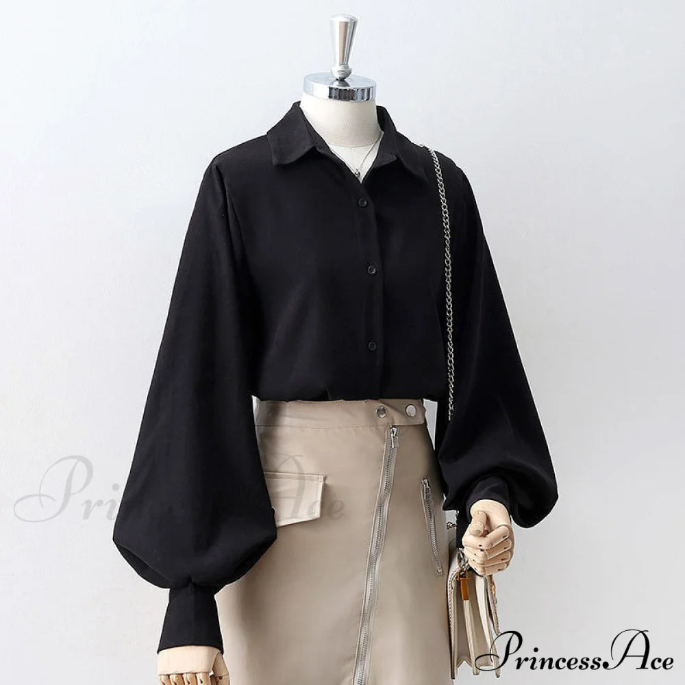 Blouse Lantern Women’s White Sleeves Button Up With Vintage Black