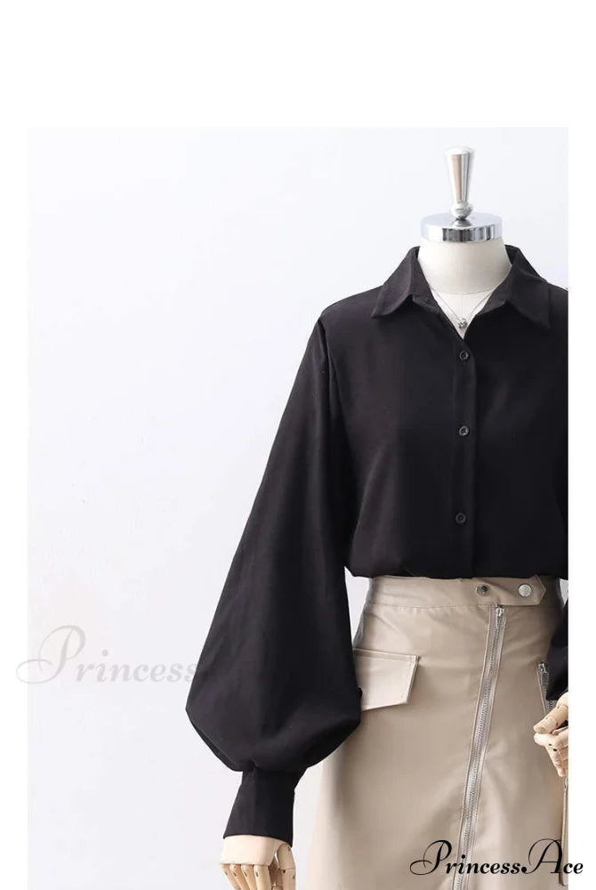 Blouse Lantern Women’s White Sleeves Button Up With Vintage Black