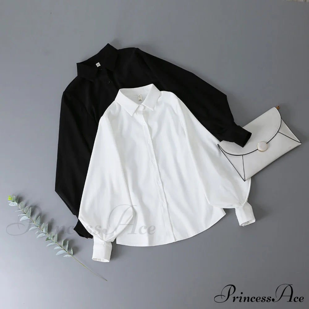 Blouse Lantern Women’s White Sleeves Button Up With Vintage Black