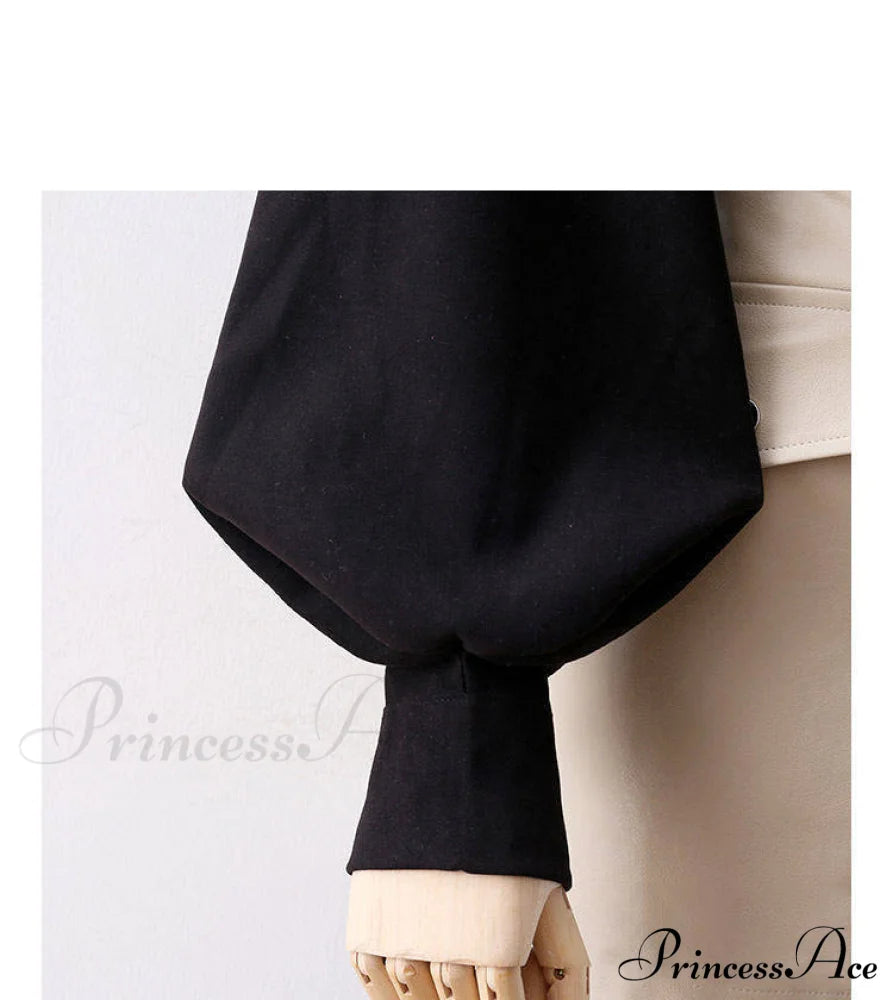 Blouse Lantern Women’s White Sleeves Button Up With Vintage Black