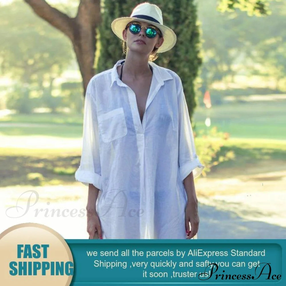 Blouse - Long Cotton Arm Kimono Woman’s Coastal White Casual Cover Up