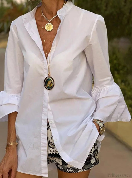 Blouse Office Arm - V Button Women’s Flare Up White Neck