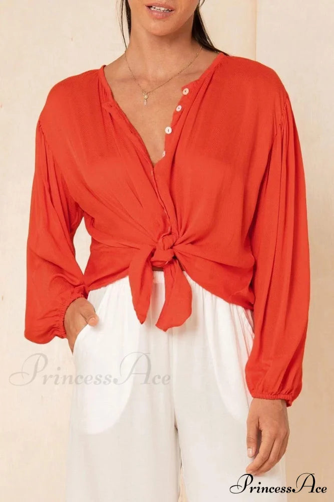 Blouse With Lace-Up Red Buttons Design Tops