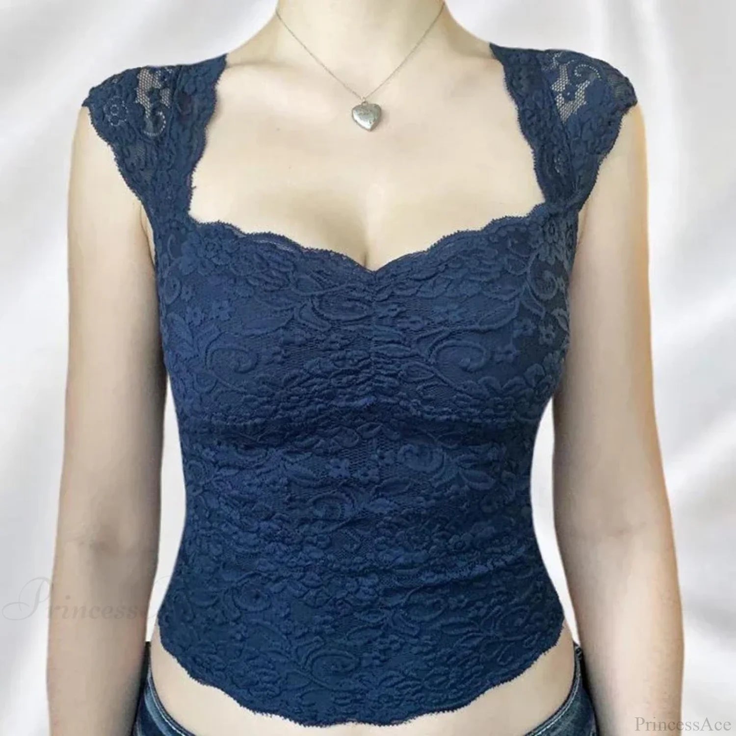Blue Floral Lace Milkmaid Y2K Crop Top NAVY BLUE / S croptop-250126