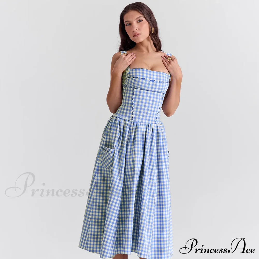 Blue Gingham Stylish Strap Midi Dress