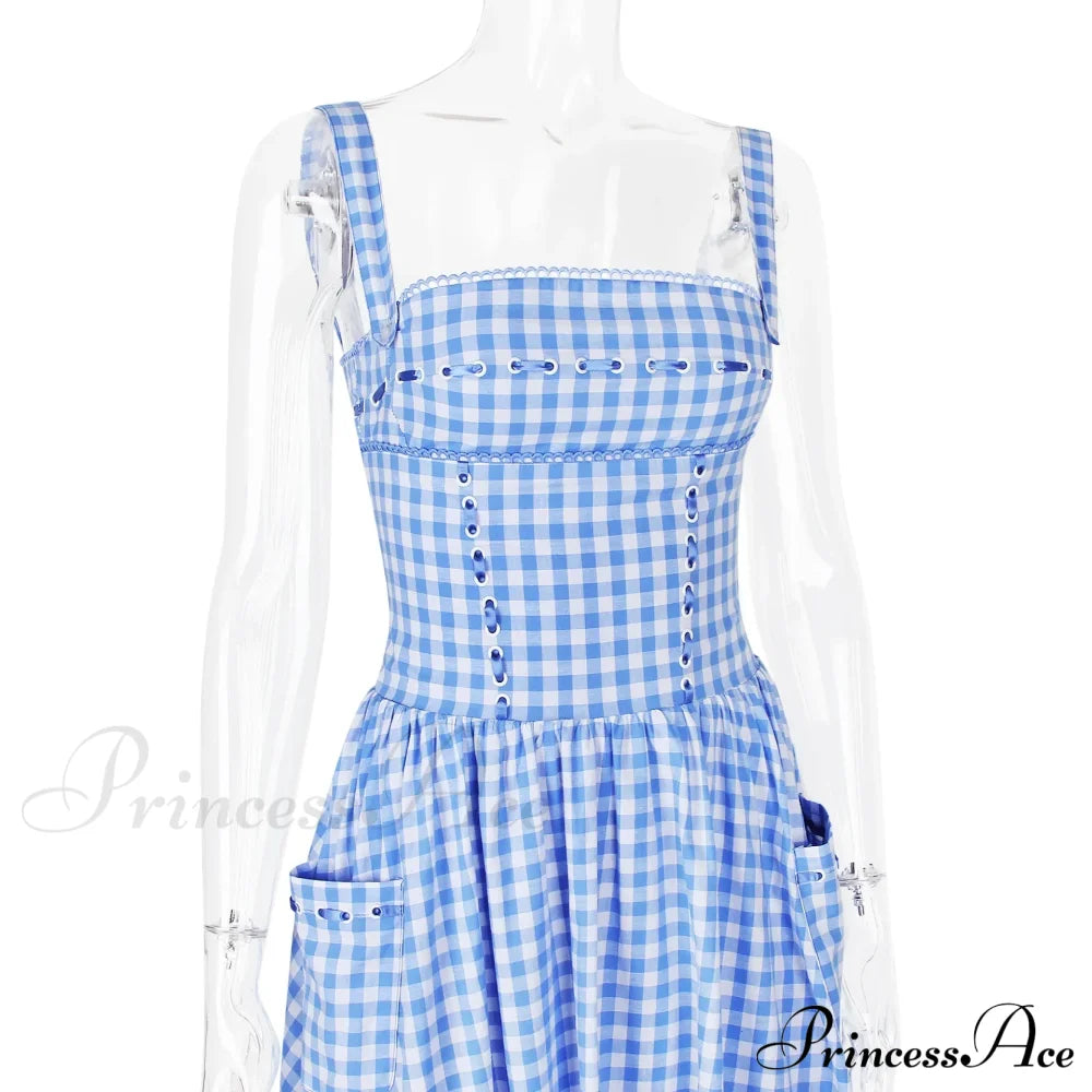 Blue Gingham Stylish Strap Midi Dress