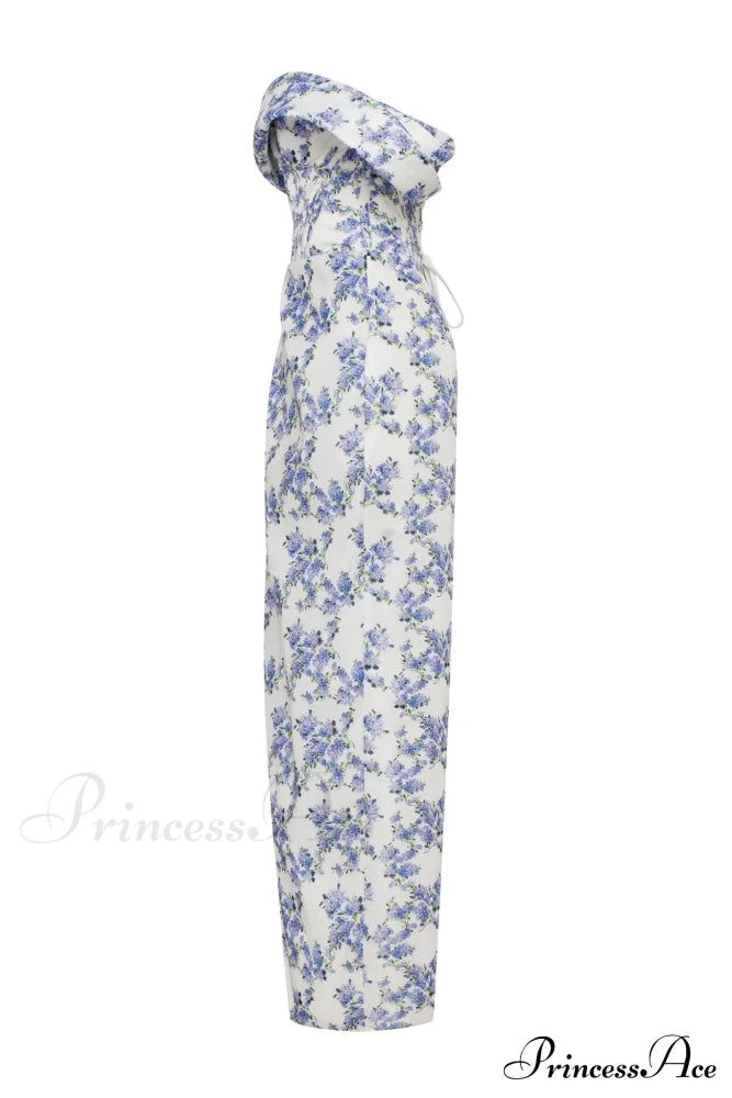 Blue Hydrangea Stylish Off-Shoulder Satin Dress