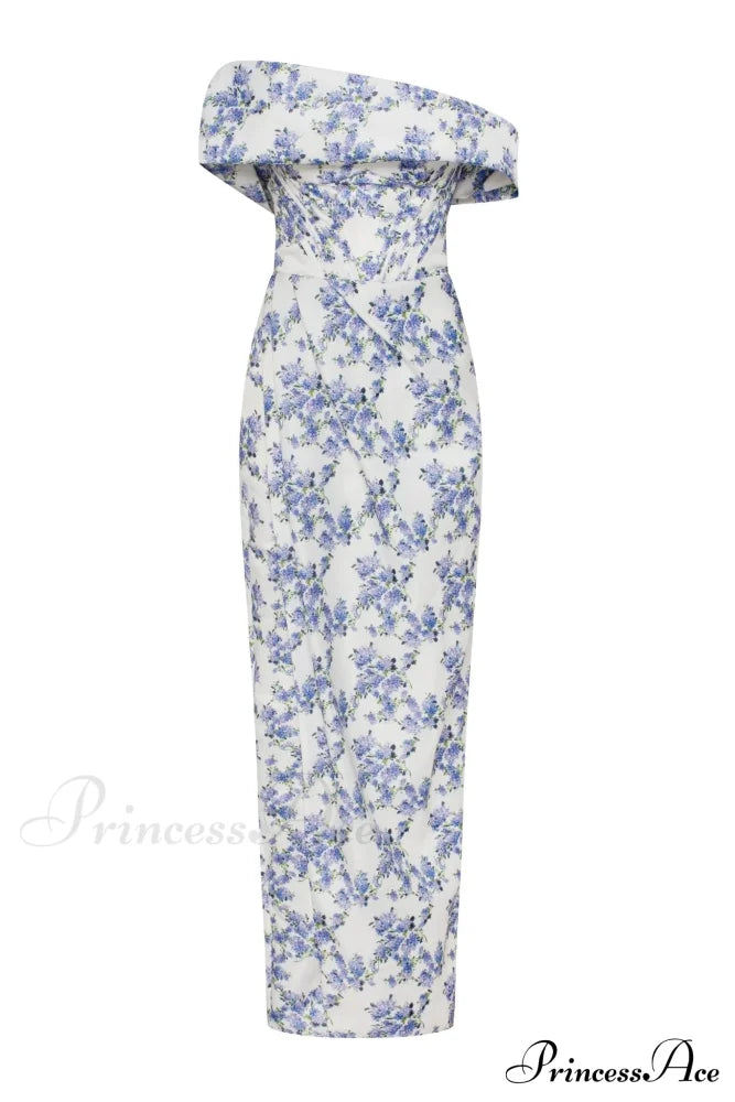 Blue Hydrangea off-shoulder satin dress - Milla