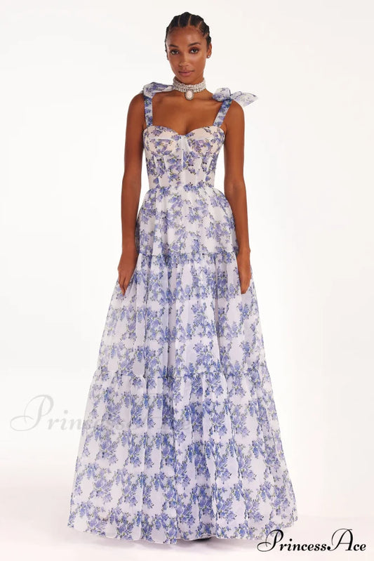 Blue Hydrangea Tender Charming Tie-Strap Maxi Dress