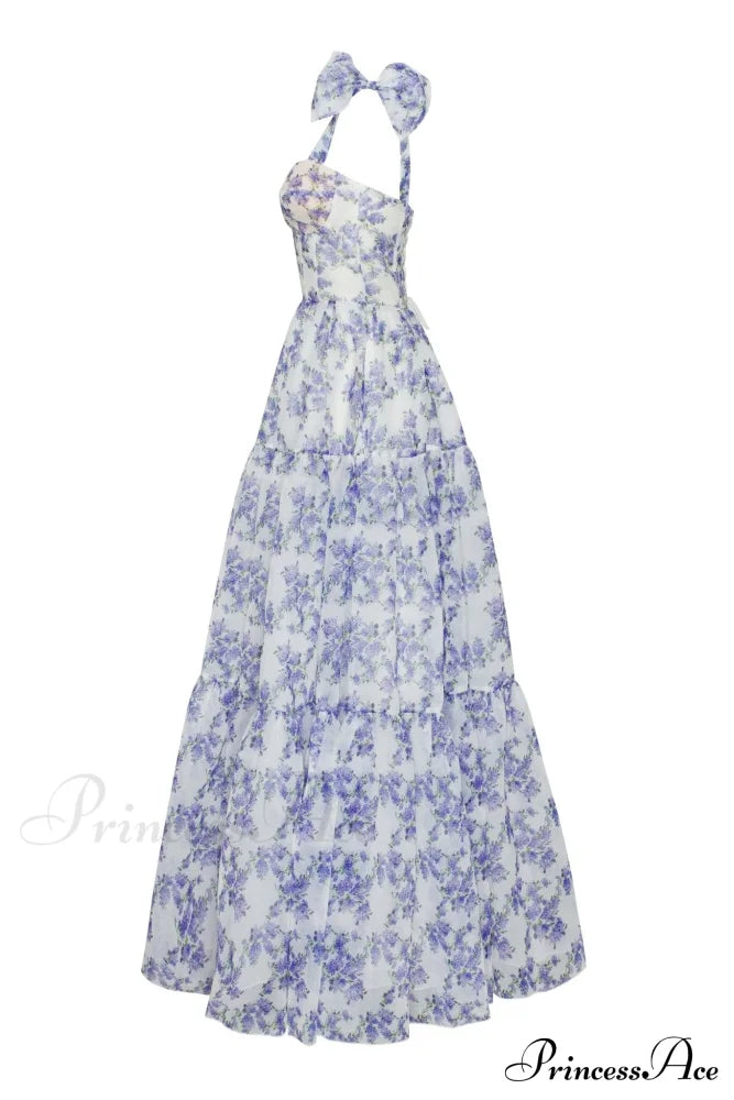 Blue Hydrangea Tender Charming Tie-Strap Maxi Dress
