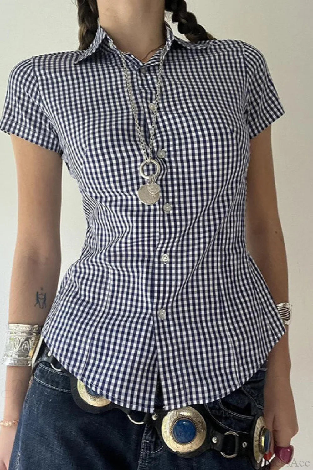 Blue Plaid Fitted Polo Collar Short Sleeve Blouse