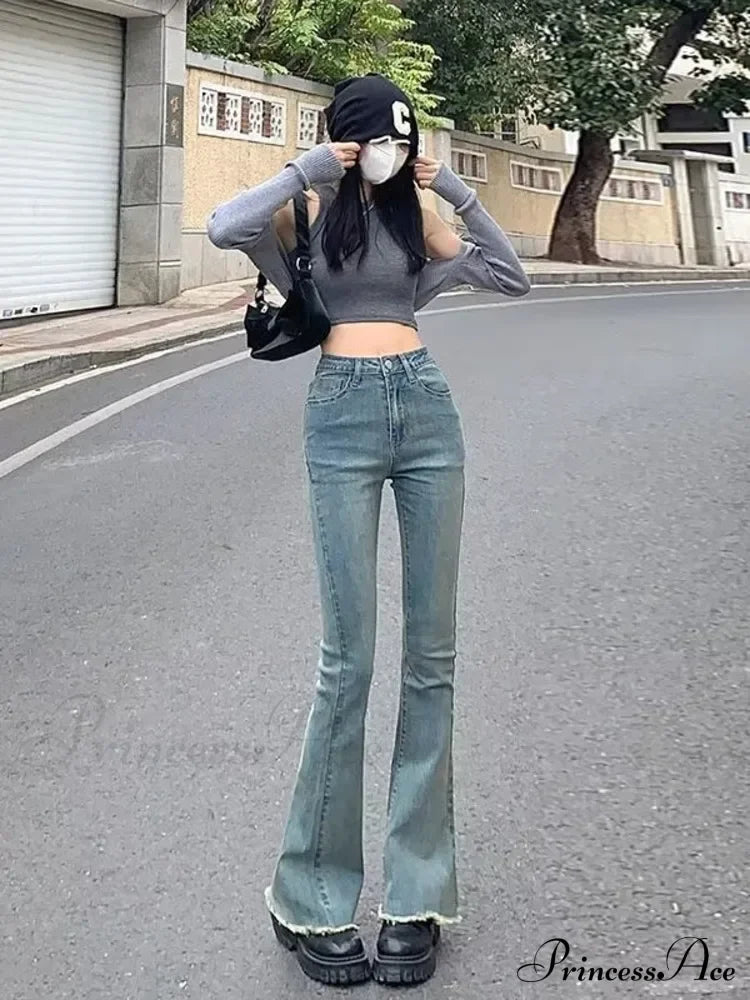 Blue Vintage Quality Fashion Straight High-Waisted Denim Casual Floor Length Jean