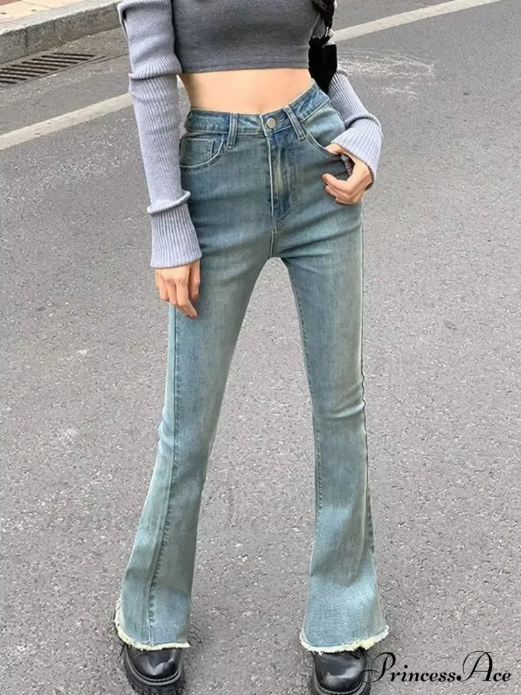 Blue Vintage Quality Fashion Straight High-Waisted Denim Casual Floor Length Jean