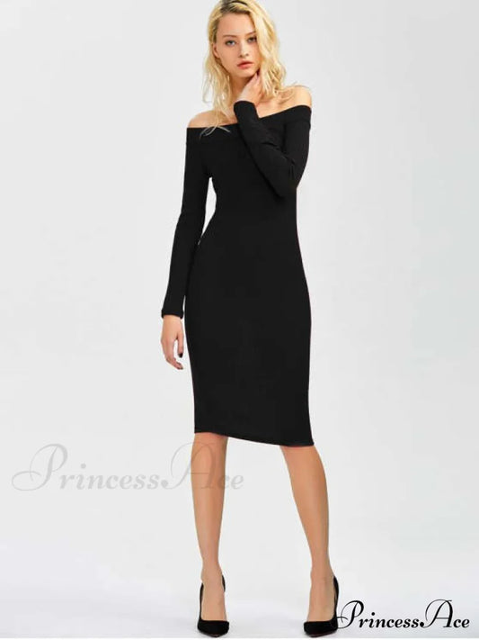 Bodycon Long Shoulder Arm Off Dress S / Wine Red Dresses